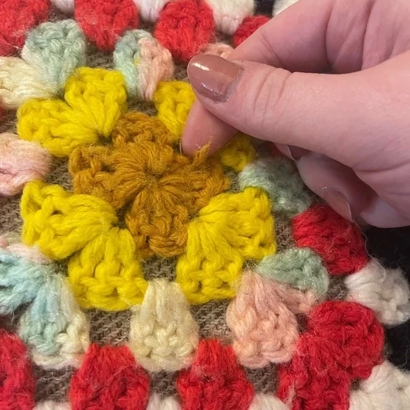 70s Inspired Large Handmade Crochet Throw Blanket Black (Vintage)